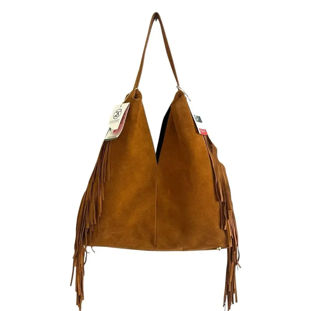 Divina Firenze Brown Suede Fringe Hobo Tote Bag Made In Italy Western Boho NWT - Picture 5 of 14